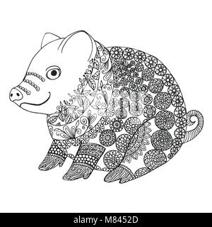 Zentangle illustrazione con pig. Groviglio Zen o doodle maialino. Libro da colorare animale domestico Illustrazione Vettoriale