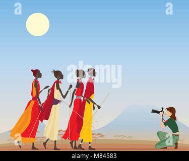 Una illustrazione vettoriale in formato eps formato 10 di una femmina giornalista fotografico per scattare foto di donne Masai in Kenya paesaggio Illustrazione Vettoriale