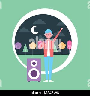 people young man singer and speaker audio musical at night vector illustration Illustrazione Vettoriale