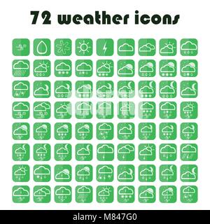 Impostare il sito web di meteorologia segni. 49 icone meteo set. Verde del vettore dei simboli. Illustrazione Vettoriale