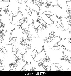 Carrello per baby illustrazione vettoriale. Monocromatico pattern seamless backgrouns. Bambino dormiente Illustrazione Vettoriale