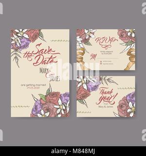 Set di tre originali attraenti le carte di matrimonio basato su bouquet schizzo a colori e spazzola calligraphy. Illustrazione Vettoriale