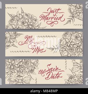 Set di tre originali wedding banner basato su bouquet schizzo e spazzola calligraphy. Illustrazione Vettoriale