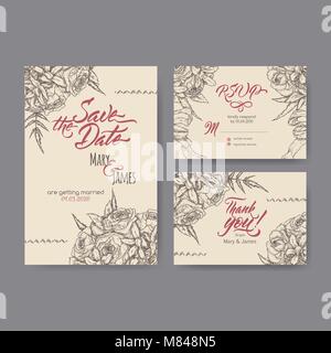 Set di tre originali attraenti le carte di matrimonio basato su bouquet schizzo e spazzola calligraphy. Illustrazione Vettoriale