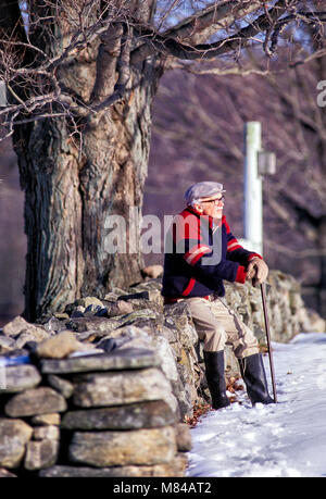 Senior uomo seduto da solo su una Nuova Inghilterra fieldstone recinto in un giorno di neve Foto Stock