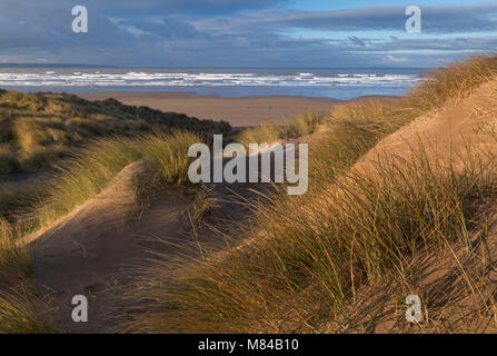 Saunton Sands dalle dune di sabbia di Braunton Burrows, Devon, Inghilterra. Inverno (gennaio) 2018. Foto Stock