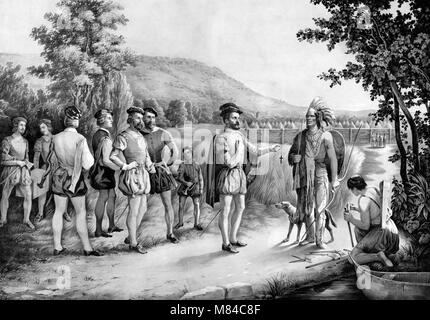 Jacques Cartier (1491-1557). Un xix secolo litografia dell'esploratore Francese Jacques Cartier indiani incontro a Hochelaga, ora Montreal, nel 1535. Foto Stock