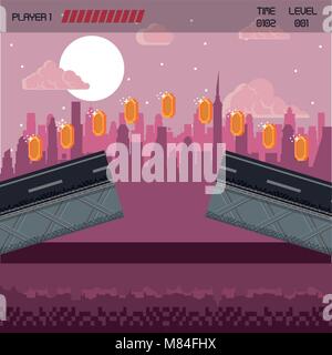 Pixel city videogioco lotta paesaggi con monete Illustrazione Vettoriale