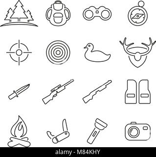 Caccia o di suoneria o le icone del cacciatore sottile linea illustrazione vettoriale impostato Illustrazione Vettoriale