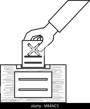 Schizzo di mano mettendo una carta di voto con una croce in urne su sfondo bianco, illustrazione vettoriale Illustrazione Vettoriale