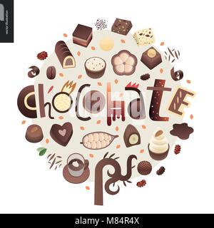 Amore molla slogan di cioccolato - lettering composizione, insieme di cioccolato fondente e bianco nitido bomboni e barre, choclate chips, caffè e chicchi di cacao un Illustrazione Vettoriale