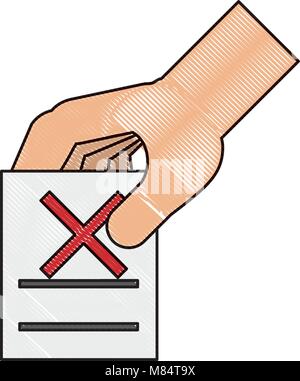 Mano con votazione di carta con icona a forma di croce su sfondo bianco, illustrazione vettoriale Illustrazione Vettoriale