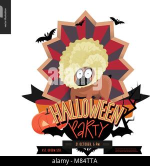 Festa di Halloween composto segno emblema invito. Appartamento vectror cartoon illustrata la progettazione di un bulldog francese nel centro di strisce di protezione, pipistrelli, pumpki Illustrazione Vettoriale