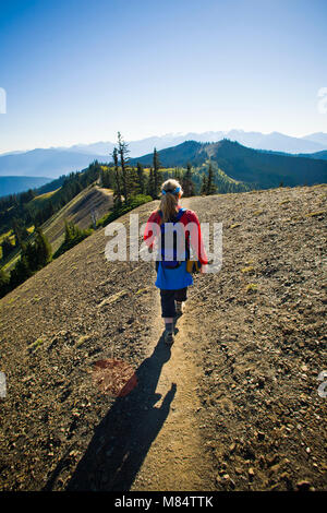 Una donna escursionismo alta cresta sentiero natura nei pressi di Hurricane Ridge nel Parco Nazionale di Olympic, nello Stato di Washington, USA. Foto Stock
