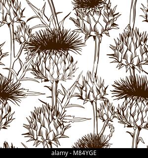 Modello senza cuciture con onopordum acanthium. Scottish thistle Illustrazione Vettoriale