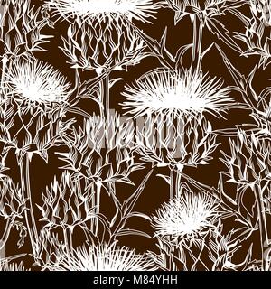 Modello senza cuciture con onopordum acanthium. Scottish thistle Illustrazione Vettoriale