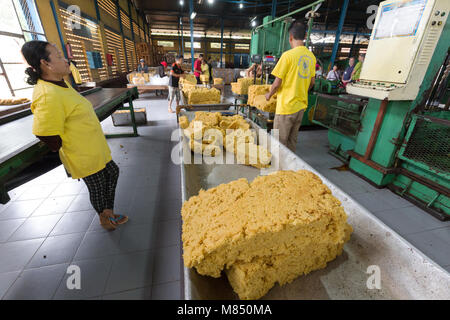 Fabbrica di gomma, Cambogia, Asia - lavoratori che producono la gomma in una fabbrica di gomma, Cambogia, Asia Foto Stock