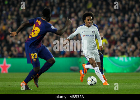 Barcellona, Spagna. Xiv Mar, 2018. Il 14 marzo 2018; Willian, Chelsea FC player in azione con Samuel Umtiti, #23 giocatore del FC Barcelona durante il 2017/2018 la UEFA Champions League round di gioco 16 tra FC Barcelona e Chelsea al Camp Nou Stadium il 14 marzo 2018 a Barcellona, Spagna. Credito: Ukko Immagini/Pacific Press/Alamy Live News Foto Stock