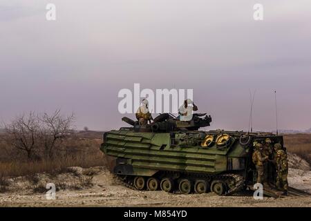 CAPU MIDIA AREA FORMAZIONE, Romania (12 marzo 2018) i membri del rumeno 307th navale battaglione di fanteria e Marines con Fox Company, Battaglione Team di atterraggio, 2° Battaglione, 6° Reggimento Marini, 26 Marine Expeditionary Unit, montare un AAV-P7/A1 assault veicolo anfibio attaccato al Fox Co., BLT 2/6, XXVI MEU, dopo un accordo bilaterale in materia di assalto anfibio durante la fase di esercizio la molla Storm 2018, 12 marzo 2018. Tempesta di primavera è un rumeno-led esercizio nel Mar Nero per migliorare le operazioni anfibie e il personale di interoperabilità tra il rumeno e usa le forze navali. (U.S. Marine Corps photo by Staff Sgt. De Foto Stock