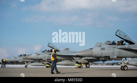 Stati Uniti Il personale della marina preparare tre F/A-18E Super calabroni assegnato a Strike Fighter Squadron (VFA) 115 da Marine Corps Air Station Iwakuni prima di un giunto sortie con F-16 Fighting Falcon a Misawa combatté Air Base, Giappone, 28 febbraio, 2018. Durante il volo, entrambi i set di piloti acquisito esperienza e ha ricevuto una migliore comprensione reciproca delle tecniche, mentre si spiana la strada per il futuro dell'integrazione. (U.S. Air Force photo by Staff Sgt. Silvano Heitzman) Foto Stock