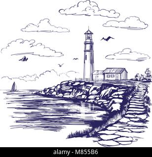 Faro e il mare paesaggio disegnato a mano illustrazione vettoriale disegno realistico Illustrazione Vettoriale