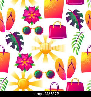 Estate seamless pattern con elementi colorati. Sun, foglie di palma e di borse per lo shopping Illustrazione Vettoriale