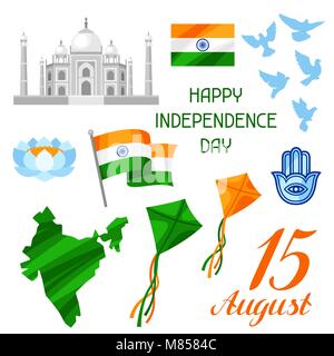 India Independence Day set di oggetti. Celebrazione 15 agosto Illustrazione Vettoriale