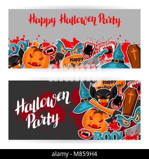 Happy Halloween banner con il cartoon holiday sticker simboli. Invito al partito o un biglietto di auguri Illustrazione Vettoriale