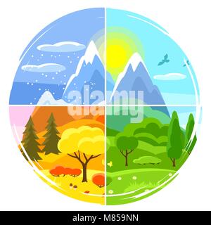 Le quattro stagioni del paesaggio. Illustrazioni con alberi, montagne e colline in inverno, primavera, estate, autunno. Illustrazione Vettoriale