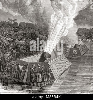 Il bombardamento da malta barche sul fiume Mississippi durante la Guerra Civile Americana, 1861-1865. Da Ward e bloccare la storia illustrata del mondo, pubblicato c.1882. Foto Stock