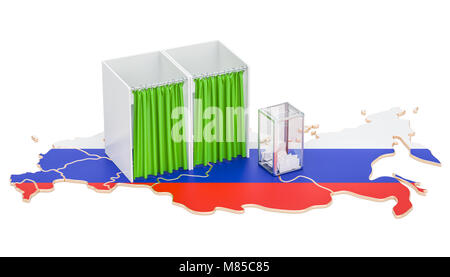 Elezione russo concetto, urne e cabine di voto sulla mappa, rendering 3D Foto Stock