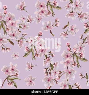 Sakura corona Pattern sul modello di rosa. Acquarello dipinto a mano con motivi floreali modello senza giunture. Apple, mandorla, ciliegia corona Seamless Pattern. Foto Stock