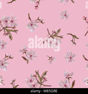 Primavera fiorisce Seamless Pattern. Acquarello dipinto a mano design floreale su sfondo rosa. Apple, mandorla, Cherry Blossom Pattern senza giunture. Foto Stock