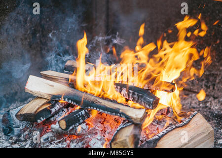 Close-up - affascinante ed accogliente fuoco arde in spaziose stufa su firewoods. Firewoods brucia in grande stufa aperta Foto Stock