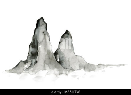 Le montagne in stile Giapponese. Acquarello dipinto a mano illustrazione Foto Stock