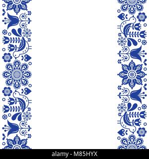 Scandinavian greeting card design, arte popolare vettore Retrò design, ornamento con uccelli e fiori in blu navy - strisce verticali o di frontiera Illustrazione Vettoriale