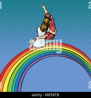 Amare giovane uomo e donna seduta su un arcobaleno, data romantico Illustrazione Vettoriale