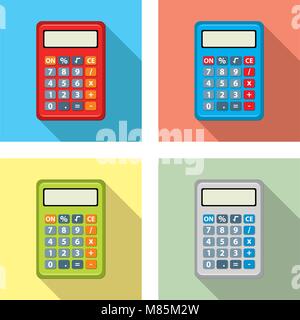 Vector set di icone calcolatrice isolati su sfondo bianco. design colorato di calcolatori per il business, per la contabilità finanziaria e le illustrazioni di algebra Illustrazione Vettoriale