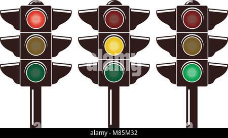 Icone vettoriali del semaforo isolato su sfondo bianco. semaforo semaforo simboli con il rosso, il verde e il giallo si accende. Regolamento di sicurezza segni. fl Illustrazione Vettoriale