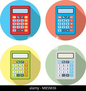 Vector set di icone calcolatrice isolati su sfondo bianco. design colorato di calcolatori per il business, per la contabilità finanziaria e le illustrazioni di algebra Illustrazione Vettoriale