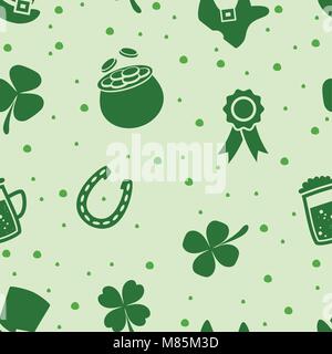 Vector pattern senza giunture di irlandesi per il giorno di San Patrizio con shamrock trifoglio, birra, soldi calderone pieno di monete doro, leprechaun hat e ferri di cavallo. gree Illustrazione Vettoriale