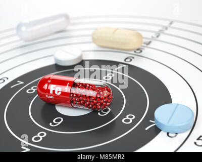 Pillola con ferro Fe ferrum elemento nel centro di destinazione.integratori dietetici, vitamine e concetto nutrizionale. 3d illustrazione Foto Stock