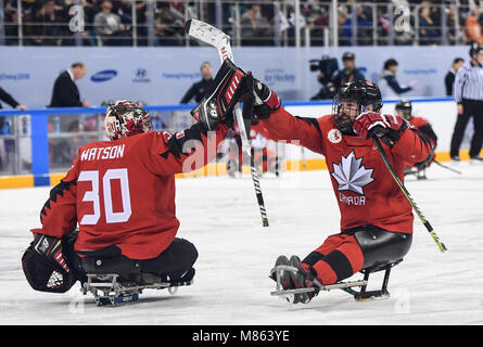 Gangneung, Corea del Sud. Xv Mar, 2018. Billy ponti (R) del Canada celebra dopo incisione con il suo compagno di squadra Corbin Watson durante l'hockey su ghiaccio mescolato i play-off semifinale tra la Corea del Sud e il Canada al 2018 PyeongChang i Giochi Paraolimpici Invernali in Gangneung Hockey Center, Gangneung, Corea del Sud, 15 marzo 2018. Il Canada ha vinto 7-0. Credito: Xia Yifang/Xinhua/Alamy Live News Foto Stock