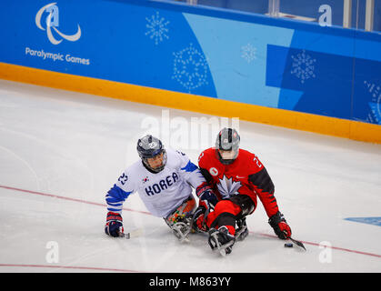 Gangneung, Corea del Sud. Xv Mar, 2018. Corea del Sud, Lee Yong Min (L) vies con il Canada's Liam Hickey durante l'hockey su ghiaccio mescolato i play-off semifinale tra la Corea del Sud e il Canada al 2018 PyeongChang i Giochi Paraolimpici Invernali in Gangneung Hockey Center, Gangneung, Corea del Sud, 15 marzo 2018. Il Canada ha vinto 7-0. Credito: Wang Jingqiang/Xinhua/Alamy Live News Foto Stock