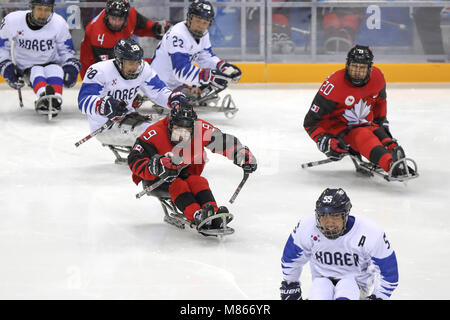 Gangneung, GANGWON, Corea del Sud. Xv Mar, 2018. Marzo 15, 2018-Gangneung, Sud Corea Korea-South di Hockey e Canada di Hockey azione sul ghiaccio durante un 2018 Paralimpici invernali di Hockey su Ghiaccio Play-Off misti semifinali a Gangneung Hockey Center in Gangneung, Corea del Sud. Partita vinta in Canada, Punteggio da 7-0. Credito: Gmc/ZUMA filo/Alamy Live News Foto Stock