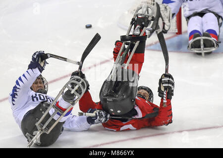 Gangneung, GANGWON, Corea del Sud. Xv Mar, 2018. Marzo 15, 2018-Gangneung, Sud Corea Korea-South di Hockey e Canada di Hockey azione sul ghiaccio durante un 2018 Paralimpici invernali di Hockey su Ghiaccio Play-Off misti semifinali a Gangneung Hockey Center in Gangneung, Corea del Sud. Partita vinta in Canada, Punteggio da 7-0. Credito: Gmc/ZUMA filo/Alamy Live News Foto Stock