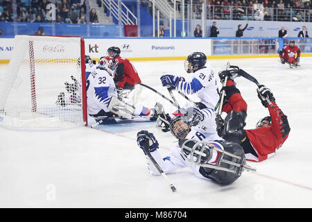 Gangneung, GANGWON, Corea del Sud. Xv Mar, 2018. Marzo 15, 2018-Gangneung, Sud Corea Korea-South di Hockey e Canada di Hockey azione sul ghiaccio durante un 2018 Paralimpici invernali di Hockey su Ghiaccio Play-Off misti semifinali a Gangneung Hockey Center in Gangneung, Corea del Sud. Partita vinta in Canada, Punteggio da 7-0. Credito: Gmc/ZUMA filo/Alamy Live News Foto Stock