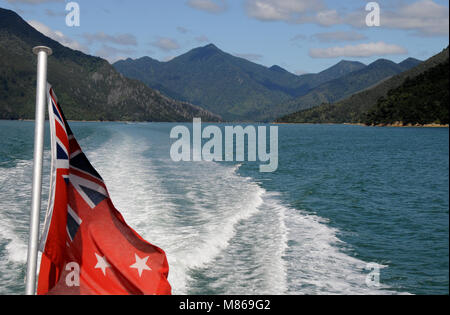 Il Pelorus Mailboat, oficially parte della Nuova Zelanda Post mail run, tiene e-mail, forniture e ai passeggeri di parti remote del Marlborough Suono. Foto Stock