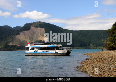 Il Pelorus Mailboat, oficially parte della Nuova Zelanda Post mail run, tiene e-mail, forniture e ai passeggeri di parti remote del Marlborough Suono. Foto Stock