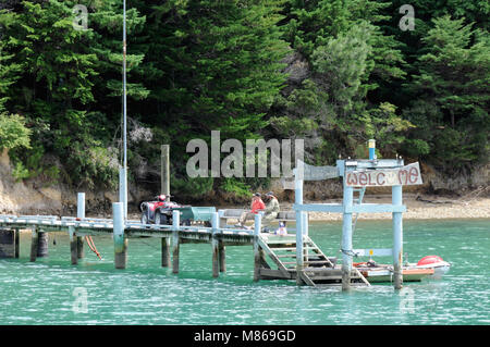 Il Pelorus Mailboat, oficially parte della Nuova Zelanda Post mail run, tiene e-mail, forniture e ai passeggeri di parti remote del Marlborough Suono. Foto Stock